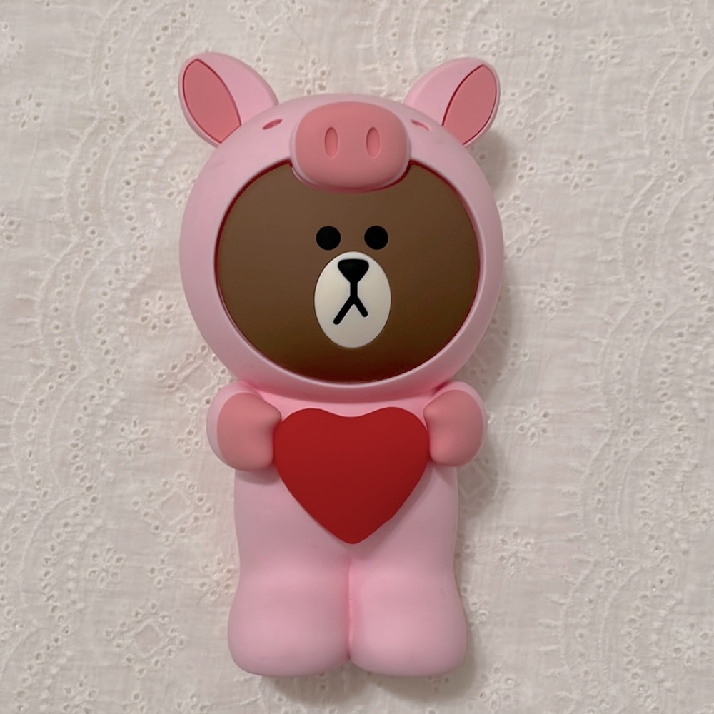 Line Friends Bnini bear in pink piggy suit zipper pouch